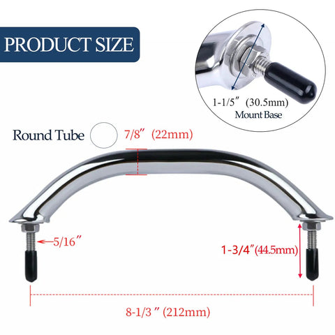 Two Pack Beefy Marine Stainless Boat Grab Handle, Heavy Duty Round Tube Handrail With Flange And Stud, Mirror Polished Finish, Anti Corrosion, 8-1/4 Inch Long
