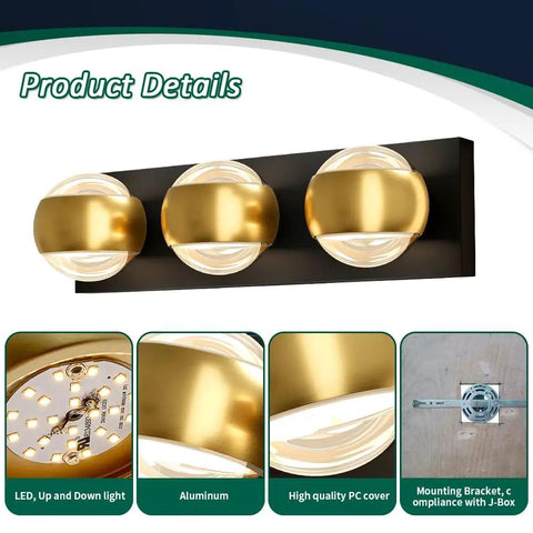 Product details of Modern Up And Down LED Vanity Light 36W With Built In LEDs In Black Gold Finish, aluminum and PC construction