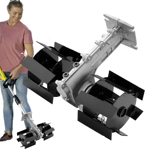 Weed Removal Hand Tool With Tiller Cultivator Wheel Rotary Grass Cutter Attachment for lawn care being used by a person