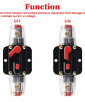 Heavy Duty 100 Amp Manual Reset Circuit Breaker For 12V To 48V DC Systems With Dead Simple Reset Lever, shown in OFF and ON positions.