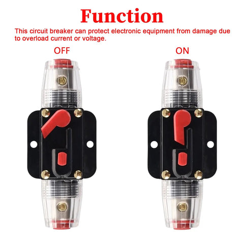 Heavy Duty 100 Amp Manual Reset Circuit Breaker For 12V To 48V DC Systems With Dead Simple Reset Lever, shown in OFF and ON positions.