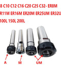 Hardcore C12 ER8 Collet Chuck With 12mm Straight Shank Extension Rod For CNC Mills And Lathes shown with various collet sizes.