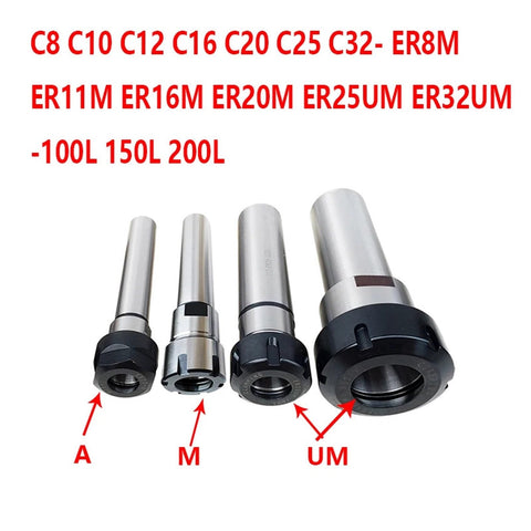 Hardcore C12 ER8 Collet Chuck With 12mm Straight Shank Extension Rod For CNC Mills And Lathes shown with various collet sizes.