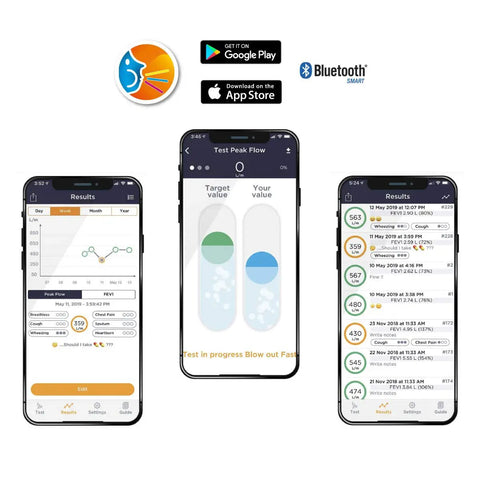 Personal Pocket Peak Flow Meter With Smartphone App For Home Lung Function Monitoring PEF And FEV1 Readings Sync Results To Your Health Care Provider No Prescription Needed Easy To Use with app icons and phone screens
