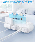 All In One Power Strip Surge Protector With USB C PD, 10 Wide Spacing Outlets, flat plug, shown on desk next to bed.
