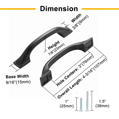 Dimensions of Oil Rubbed Bronze Cabinet Pulls 3 Inch 76mm 10 Pack Brushed Bronze Handles in diagram with screws shown