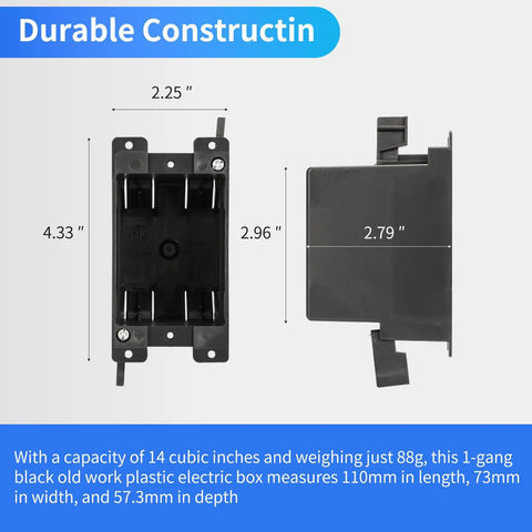 Old Work 1-Gang Black Electrical Box For Outlets And Dimmers, PVC Plastic 14 Cu In, ETL Listed, front and side view, dimensions shown