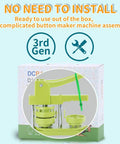 DIY 58mm Button Maker Kit Third Gen Installation Free Badge Press Machine with box showing no need to install message