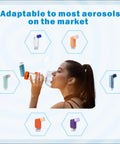 Person using Ultra Portable Inhaler Spacer With Soft Fit Mask For Kids And Adults, Medical Grade, Lightweight And Travel Ready, Kid Friendly, Home And On The Go, Flexible Mask Sizes, Orange Color with various compatible inhalers shown.