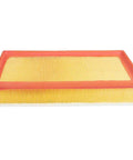 Close-up of Premium Engine Air Filter XA11645 for Volkswagen Atlas Cross Sport, featuring yellow pleats and red trim on a white surface.