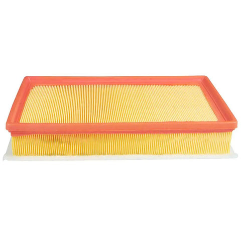 Close-up of Premium Engine Air Filter XA11645 for Volkswagen Atlas Cross Sport, featuring yellow pleats and red trim on a white surface.