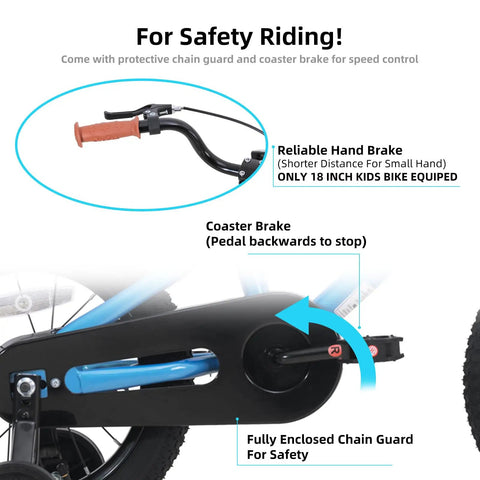 Close-up of hand brake and chain guard on 12 Inch Kids Bike With Training Wheels For Toddlers Ages 2 3 4 Boys Girls BMX Style Blue.