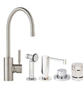 Parche Four Piece Kitchen Faucet Set In Distressed American Bronze Pull Down Sprayer Side Spray set with smooth faucet design.