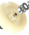 Exploded view of heavy duty top plate swivel caster wheel showing double bearings for furniture and workbenches