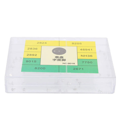 Pro Grade Watch Dial Feet Tool Set with Alloy Dial Feet in plastic storage box for watchmakers on the go.