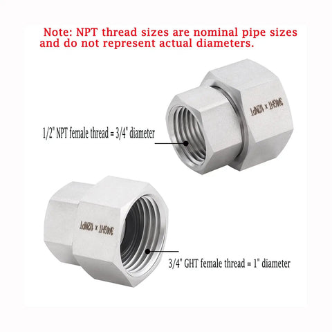 Stainless Steel Garden Hose Adapter Set Three Quarter Inch GHT Female To One Half Inch NPT Female Quick Swivel Connectors 304 Stainless Corrosion Resistant Outdoor Watering Fittings Pack Of Two, two adapters