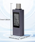 Type C Power Meter USB C Tester With LCD Display showing voltage and current, dimensions 47mm x 16mm x 9mm for chargers and power banks.
