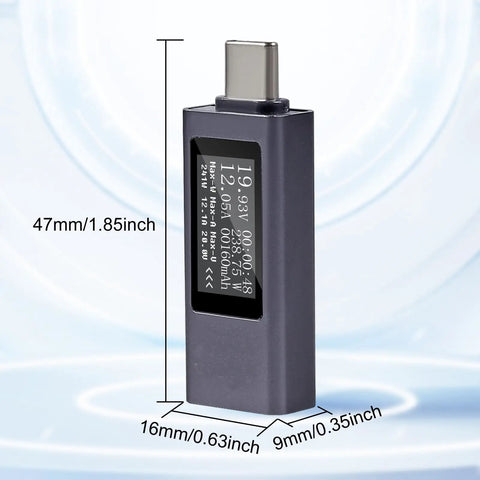 Type C Power Meter USB C Tester With LCD Display showing voltage and current, dimensions 47mm x 16mm x 9mm for chargers and power banks.