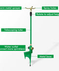 2 Pack 3-Arm Lawn Sprinkler With Adjustable Telescoping Base showing metal sprayer, telescoping tube, and metal base