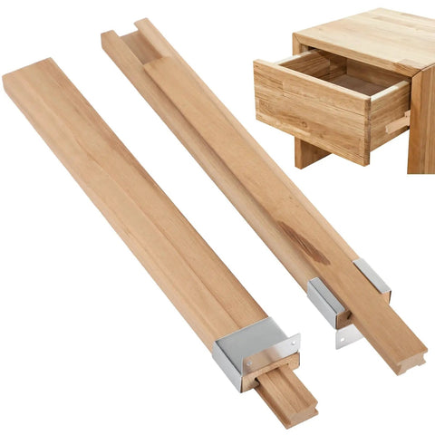Two Pack Wood Drawer Slides for Kitchen and Furniture, Beech Wood Center Guide Track With Metal Bracket Support, Unfinished Surface