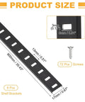 Eight Pack Adjustable Shelf Brackets For Thirty Five Point Four Inch Shelf Track, dimensions and screws shown