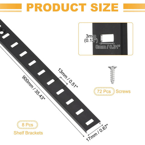 Eight Pack Adjustable Shelf Brackets For Thirty Five Point Four Inch Shelf Track, dimensions and screws shown