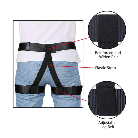 Rear view of Climbing Harness Belt For Tree Climbing And Outdoor Training with adjustable leg belts and elastic straps