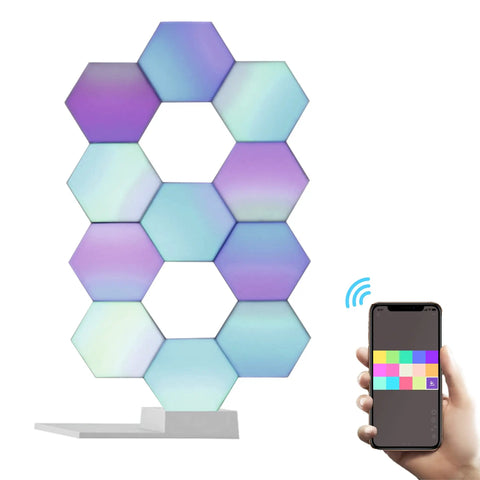 11Pack WiFi Smart LED Light Kit For DIY Night Lamp With Voice Control, app-adjusted hexagonal light panels displayed on a stand