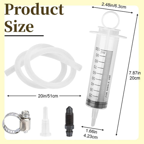 Brake Bleeder Kit For Bikes 100ml Pump Hydraulic Disc Bleed Tool With Transparent Tubing, measuring sizes and components.