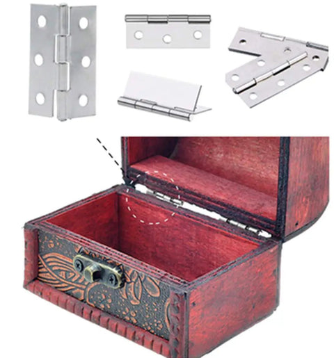 Ten Piece 2 Inch Stainless Steel Folding Hinges For Cabinet And Closet Doors Heavy Duty Rust Proof Silver Finish example with wooden box.