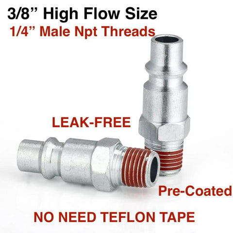 Two SANFU 3/8-inch high-flow air hose fittings, M-type plug, 1/4 inch male NPT threads, steel, pre-coated