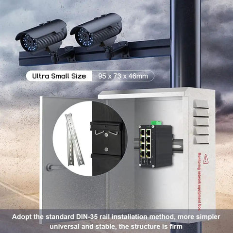 Industrial 8 Port Gigabit Ethernet Switch With 2 SFP Slots Din Rail Unmanaged installed on network cabinet with cameras