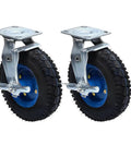 Premium Heavy Duty Pneumatic Rubber Swivel Caster Wheels With Locking Brakes shown from a front angle with blue and black tread.