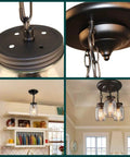 Industrial 3 Light Pendant With Slick Matte Black Finish Clear Glass Mason Jar Shade Heavy Duty Adjustable Hanging Fixture For Kitchen Island Dining Room Foyer Top Shelf Vibe Upgrade close-up of top mounting and hanging chains.
