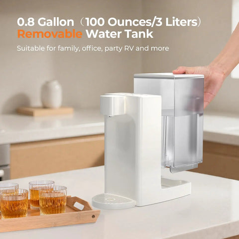 Instant Hot Water Dispenser For Quick Pouring And Fast Boil With 3 Temp Settings And 5 Water Volume Levels Removable Eight Tenths Gallon Tank BPA Free Perfect For Tea Coffee Ramen And More with transparent tank on counter and glasses of tea