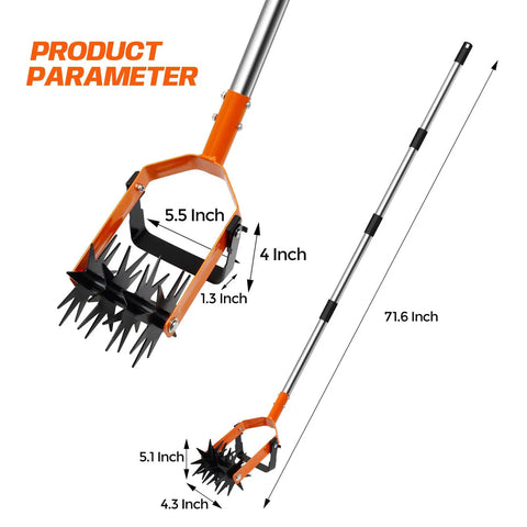 72 Inch Rotary Cultivator Tool Hand Tiller For Gardening 2 In 1 with measurements, showing adjustable handle and star rollers.
