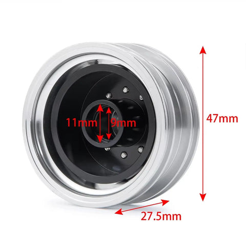 Close-up view of RC Car Repair Kit One Fourteenth Scale Aluminum Alloy Front And Rear Wheel Rim Hub showing dimensions.