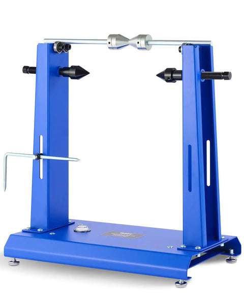 Front view of Motorcycle Wheel Balancer and Truing Stand for Bikes DIY Friendly Heavy Duty Tire Balancer with Adjustable Truing Pointer Steel Axle Built In Level Perfect for Sport Dirt and Street Bikes