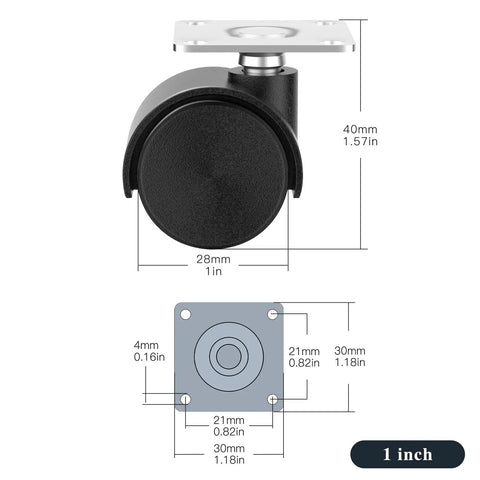 1 Inch Swivel Furniture Casters Set Of 4, Low Profile Nylon Wheels With Stainless Steel Screws, Heavy Duty Mini Casters, Black, front view.