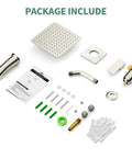 Package contents of Tub and Shower Faucet Set with Pressure Balance Valve, 8 Inch Rain Shower Head, Gold Finish, installation kit included.