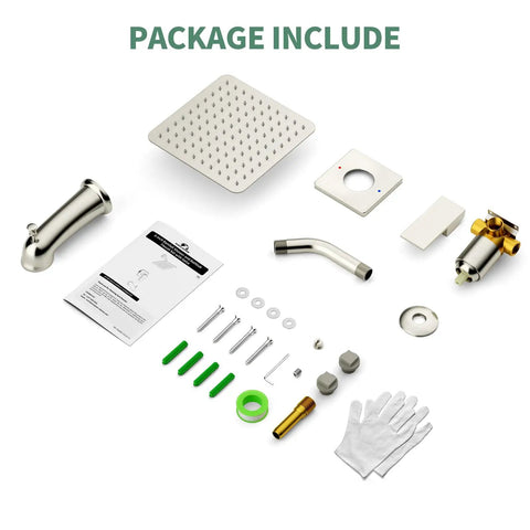 Package contents of Tub and Shower Faucet Set with Pressure Balance Valve, 8 Inch Rain Shower Head, Gold Finish, installation kit included.