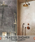 Shower wall with lime plaster and Marmorino finish, natural white tone, smooth texture, showcasing matte to subtle sheen finish.