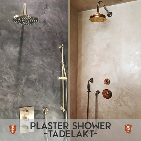 Shower wall with lime plaster and Marmorino finish, natural white tone, smooth texture, showcasing matte to subtle sheen finish.