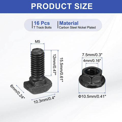 Beefy M5x12mm T Slot Bolts 16 Pack Drop In Hammer Head With Hex Flange Nuts T Bolt Stud Sliding Screws For 20 Series Aluminum Black