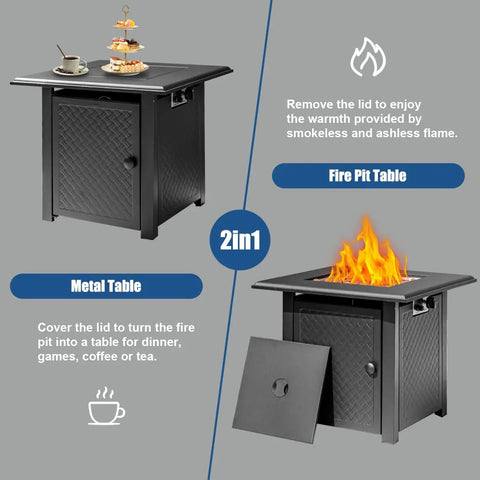 28 Inch Propane Fire Pit Table With 50000 BTU Steel Burner Outdoor Fire Pit For Patio Backyard And Garden Includes Lid And Lava Rocks