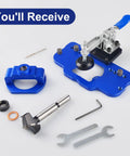 Professional Grade Concealed Hinge Jig With Secure Clamp And Adjustable Marking Scale For Accurate 35 mm Woodworking components in blue, drill bits and tools included.