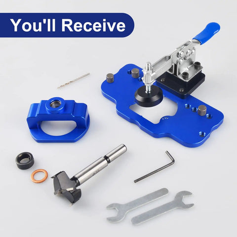 Professional Grade Concealed Hinge Jig With Secure Clamp And Adjustable Marking Scale For Accurate 35 mm Woodworking components in blue, drill bits and tools included.