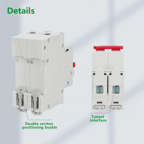 DC Miniature Circuit Breaker DZ47-63Z 500V 2 Pole 32A with detail view of double section positioning buckle and tunnel interface.