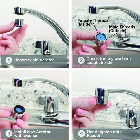 Installation steps for Dual Thread Water Saving 1.5 GPM Aerator In Chrome Fits 15/16 Inch 27M Or 55/64 Inch 27F Watersense Certified Cyclone Aerated Stream Delivers Strong Pressure While Slashing Water Use Up To 30 Percent on faucet.
