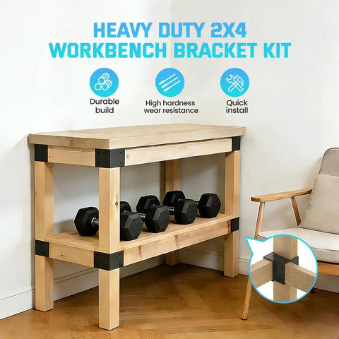 Wood workbench using 8 Pack Heavy Duty 2x4 Workbench Brackets Set with black powder coat, supporting dumbbells, in a room corner.